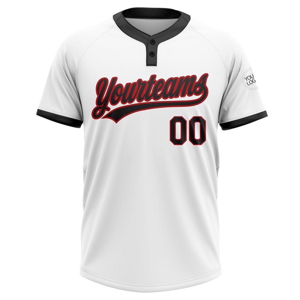 White Black Red Two Button Unisex Softball Jersey, Custom Team Softball Jersey
