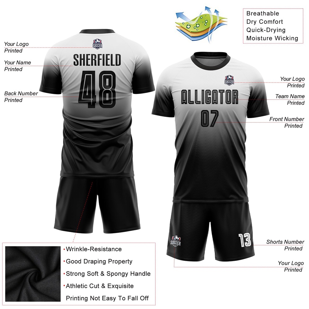 White Black Sublimation Fade Fashion Soccer Uniform Jersey, Custom Team Soccer Jersey Shirt