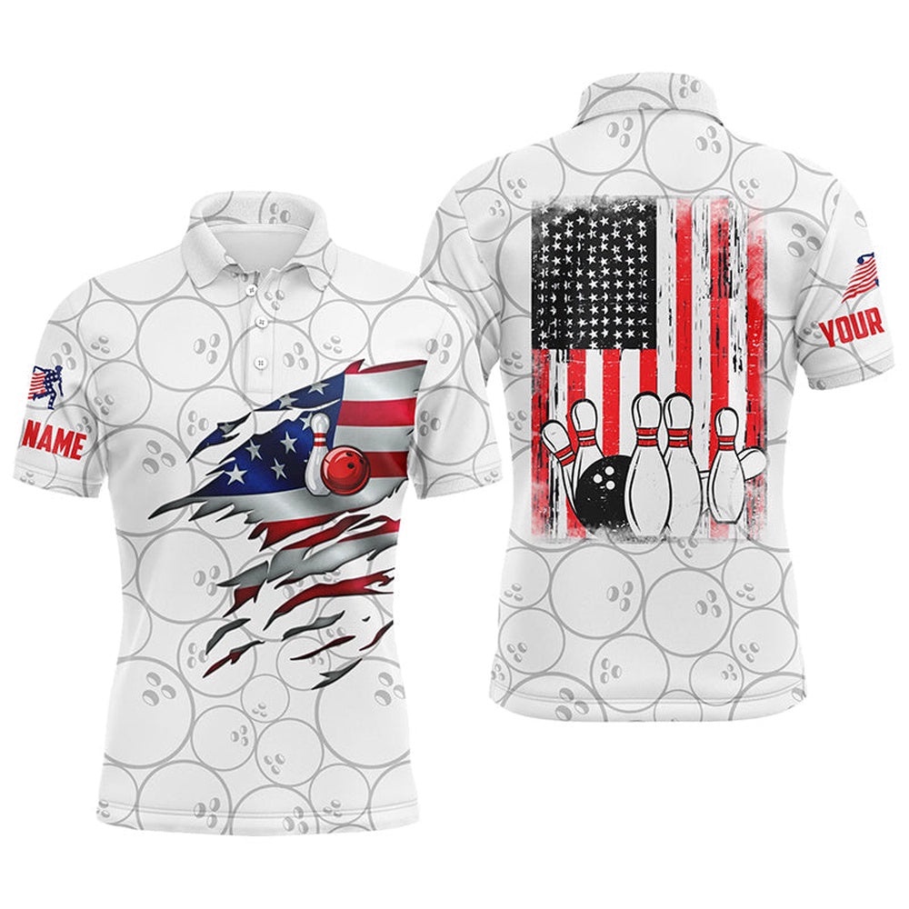 White Bowling Polo Shirts For Men Custom Name Vintage American Flag Bowling Polo Shirt, Personalized Bowling Team Shirt