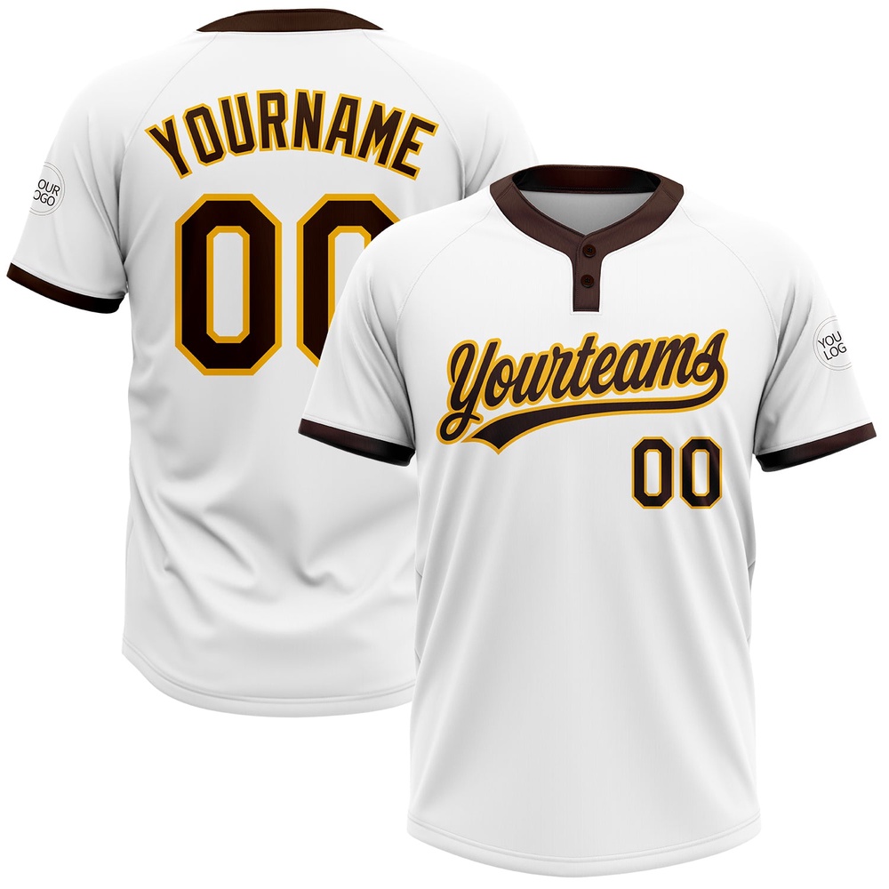 White Brown Gold Two Button Unisex Softball Jersey, Custom Team Softball Jersey