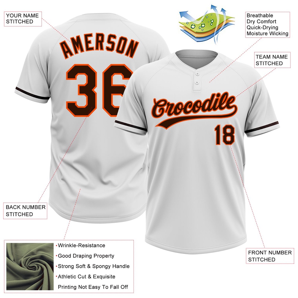White Brown Orange Two Button Unisex Softball Jersey, Custom Team Softball Jersey