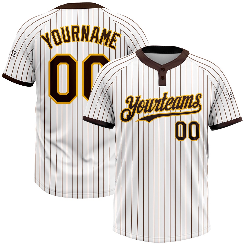 White Brown Pinstripe Gold Two Button Unisex Softball Jersey, Custom Team Softball Jersey
