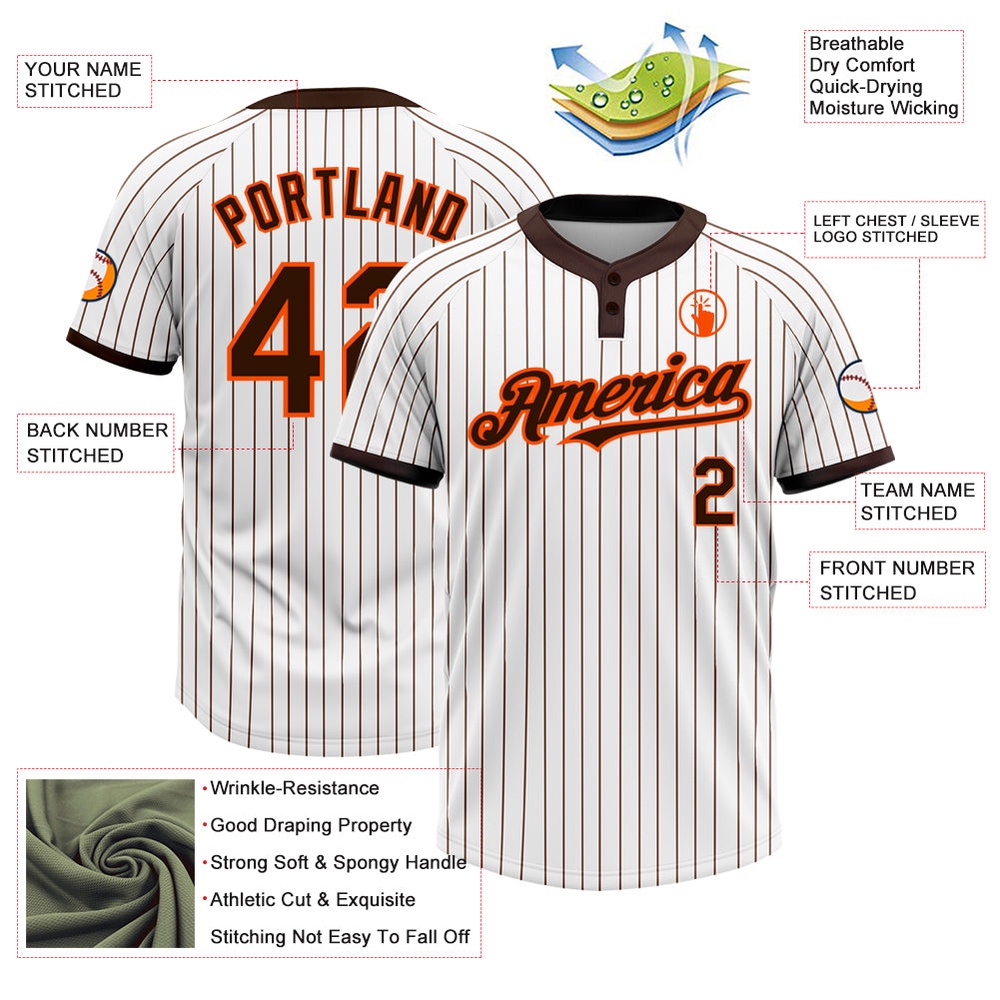 White Brown Pinstripe Orange Two Button Unisex Softball Jersey, Custom Team Softball Jersey