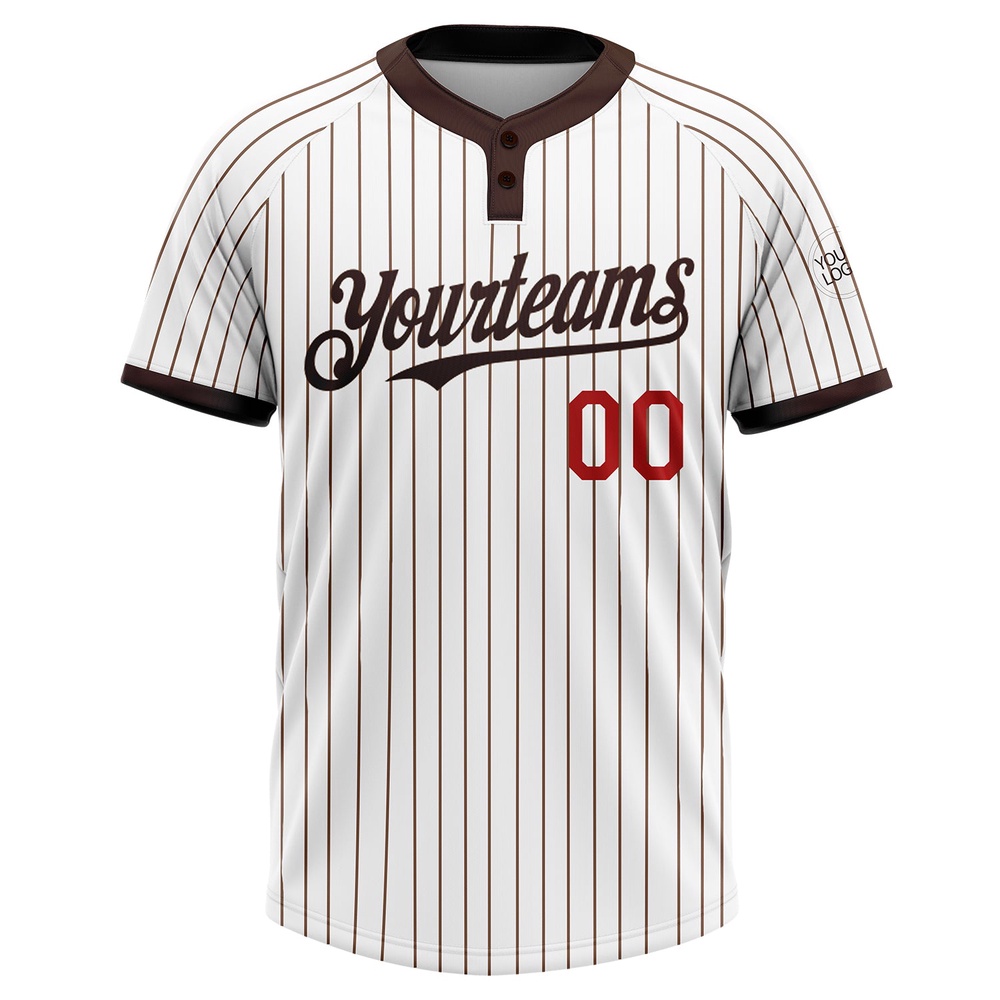 White Brown Pinstripe Red Two Button Unisex Softball Jersey, Custom Team Softball Jersey