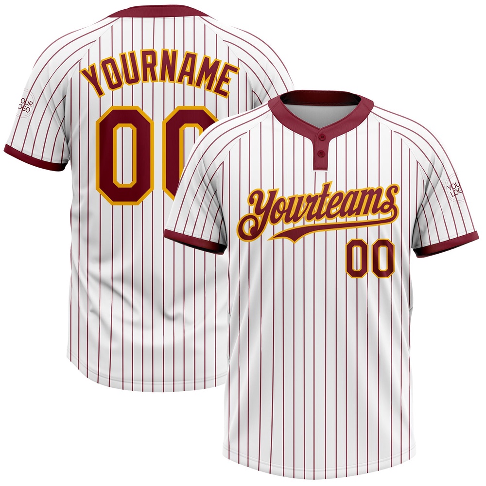 White Crimosn Pinstripe Gold Two Button Unisex Softball Jersey, Custom Team Softball Jersey