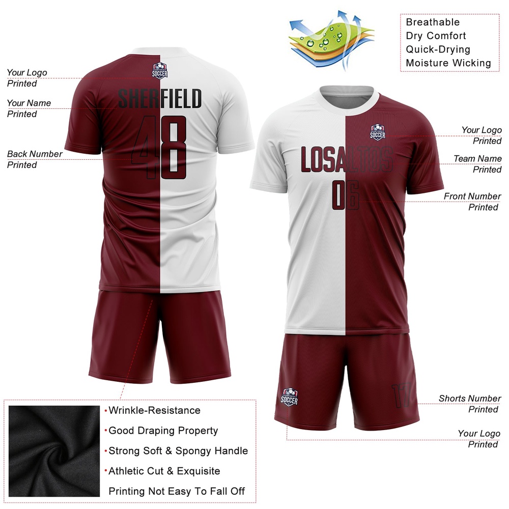 White Crimson Black Sublimation Split Fashion Soccer Uniform Jersey, Custom Team Soccer Jersey Shirt