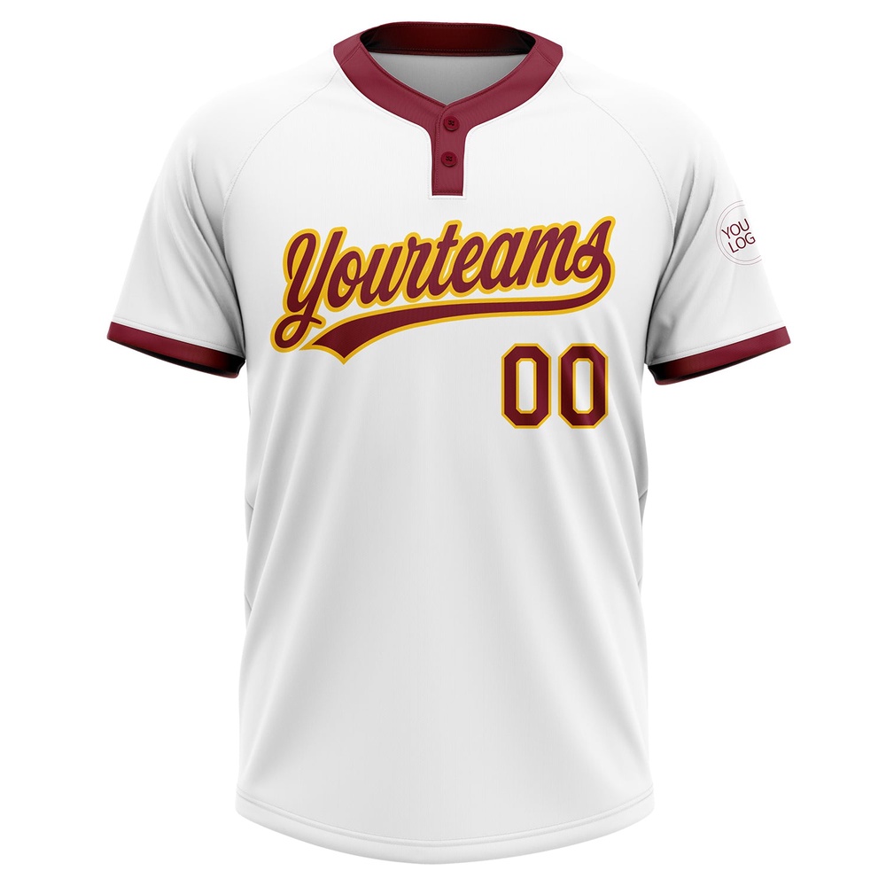 White Crimson Gold Two Button Unisex Softball Jersey, Custom Team Softball Jersey