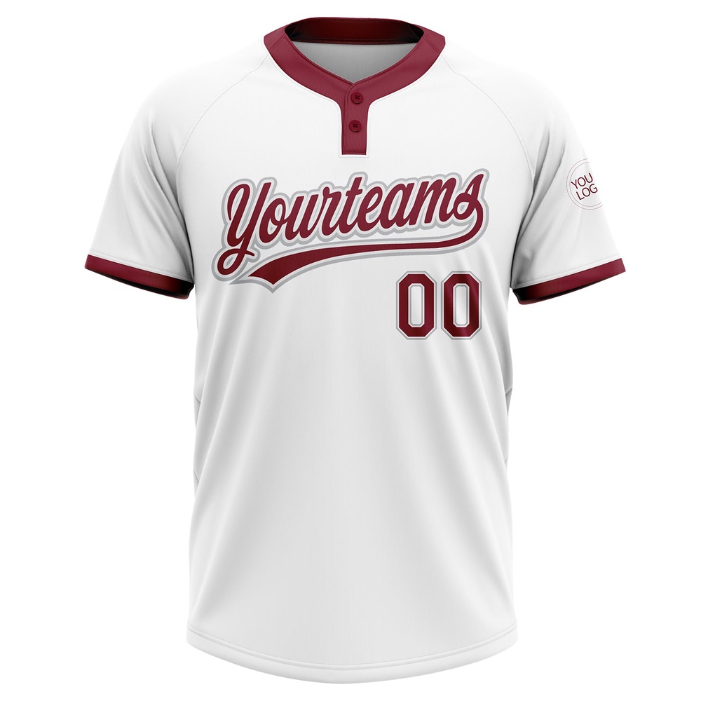 White Crimson Gray Two Button Unisex Softball Jersey, Custom Team Softball Jersey