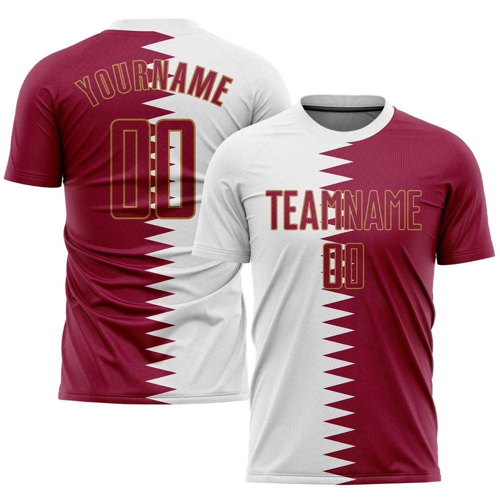 White Crimson Old Gold Sublimation Qatari Flag Soccer Uniform Jersey, Custom Team Soccer Jersey Shirt