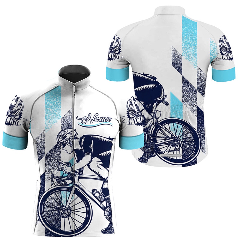 White Cycling Jersey Men Custom Bike Shirt With Back Pockets Full Zip Road Cycle Gear, Custom Mono Cycling Jersey