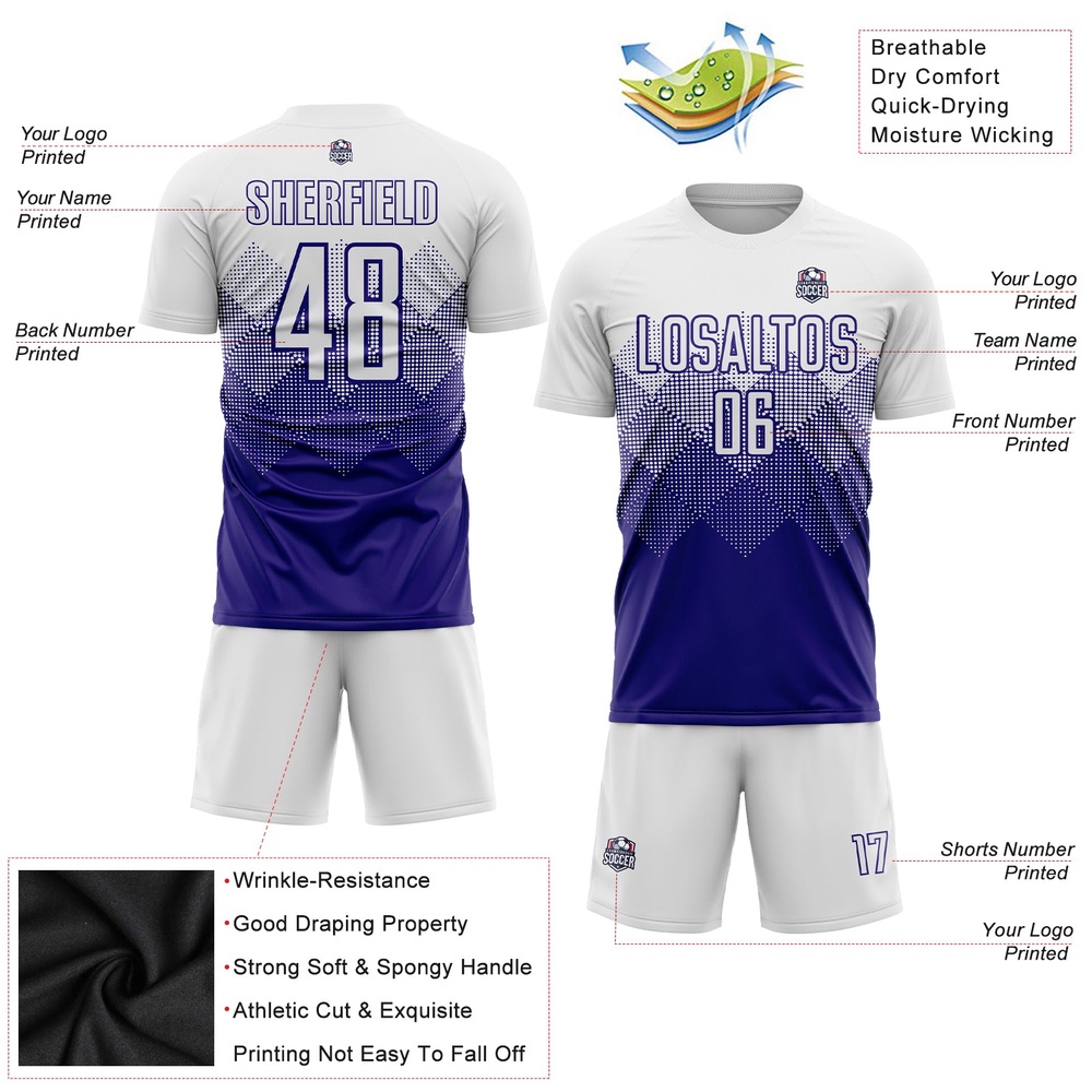 White Dark Purple Sublimation Soccer Uniform Jersey, Custom Team Soccer Jersey Shirt