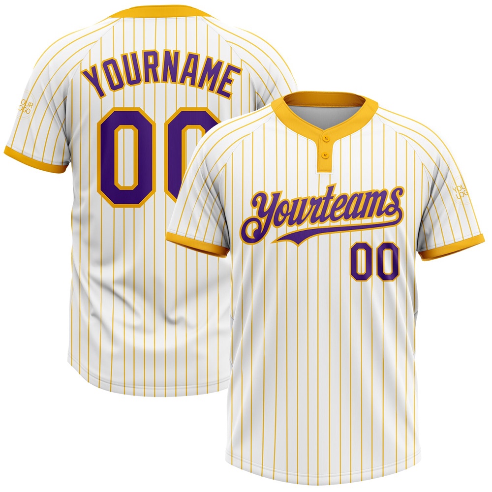 White Gold Pinstripe Purple Two Button Unisex Softball Jersey, Custom Team Softball Jersey