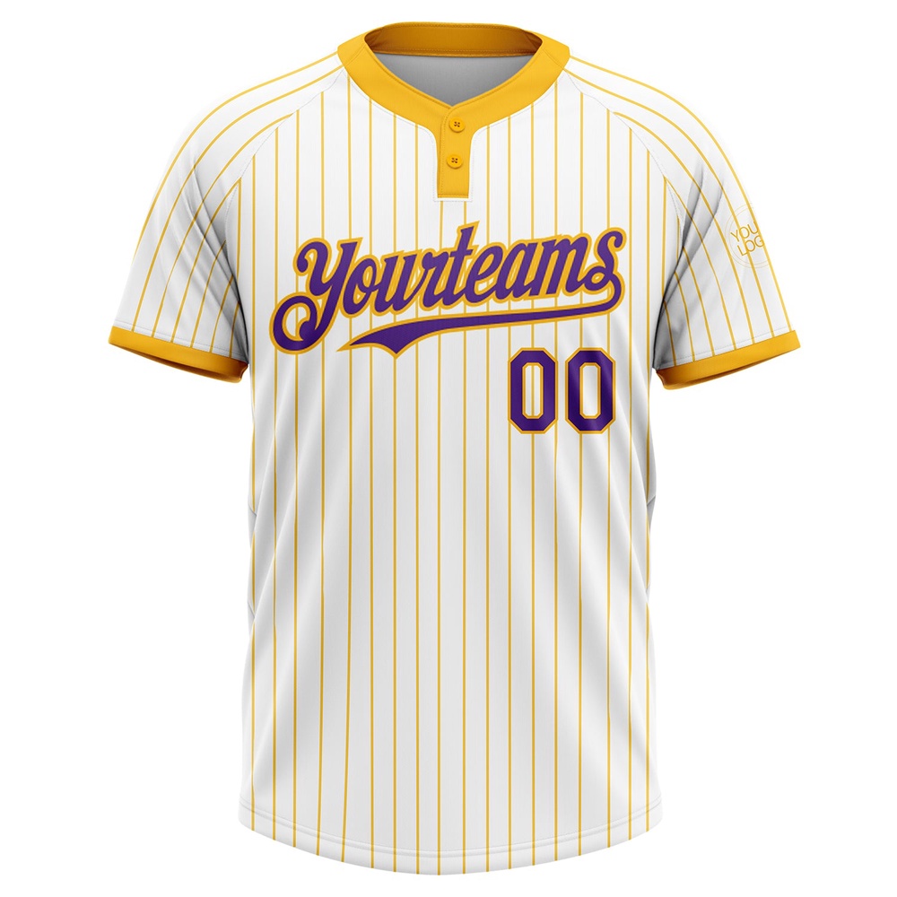 White Gold Pinstripe Purple Two Button Unisex Softball Jersey, Custom Team Softball Jersey