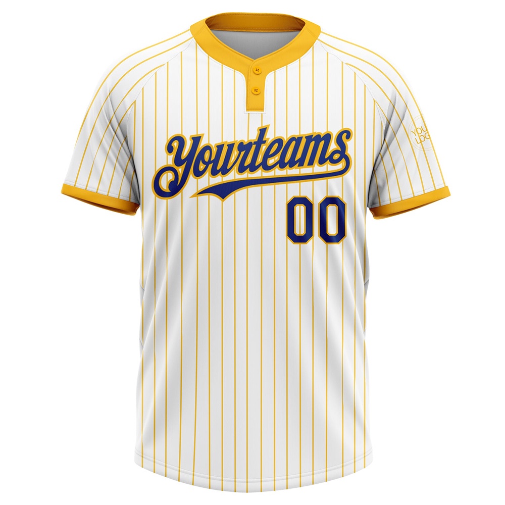 White Gold Pinstripe Royal Two Button Unisex Softball Jersey, Custom Team Softball Jersey