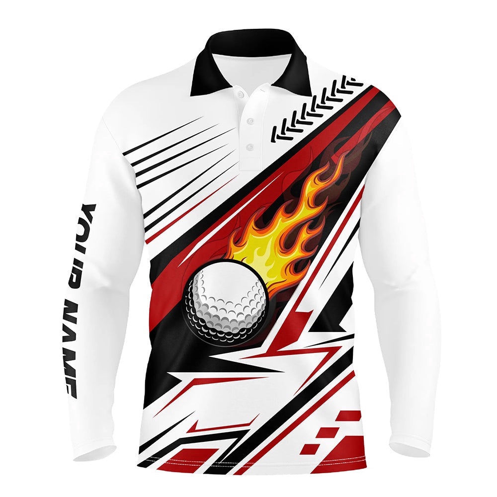 White Golf Ball Flame Men’s Golf Polo Shirt Custom Golf Apparel For Men’s Red, Golf Polo Shirt, Golf Shirts