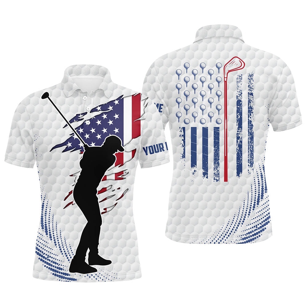 White Golf Ball Pattern Men’s Golf Polo Shirts Custom American Flag Patriot Golf Apparel For Men’s, Golf Polo Shirt, Golf Shirts