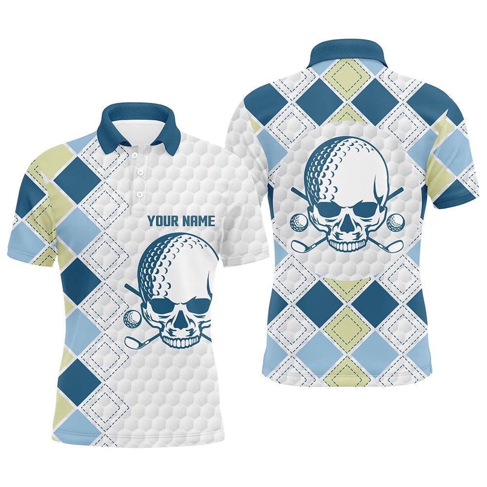 White Golf Ball Skull Men’s Golf Polo Shirts Custom Blue Argyle Pattern Golf Apparel For Men, Golf Polo Shirt, Golf Shirts