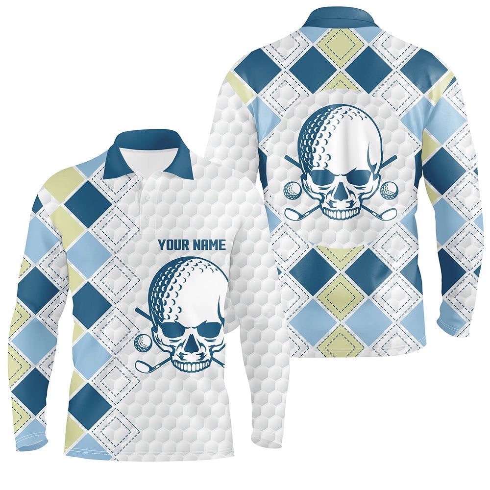 White Golf Ball Skull Men’s Golf Polo Shirts Custom Blue Argyle Pattern Golf Apparel For Men, Golf Polo Shirt, Golf Shirts