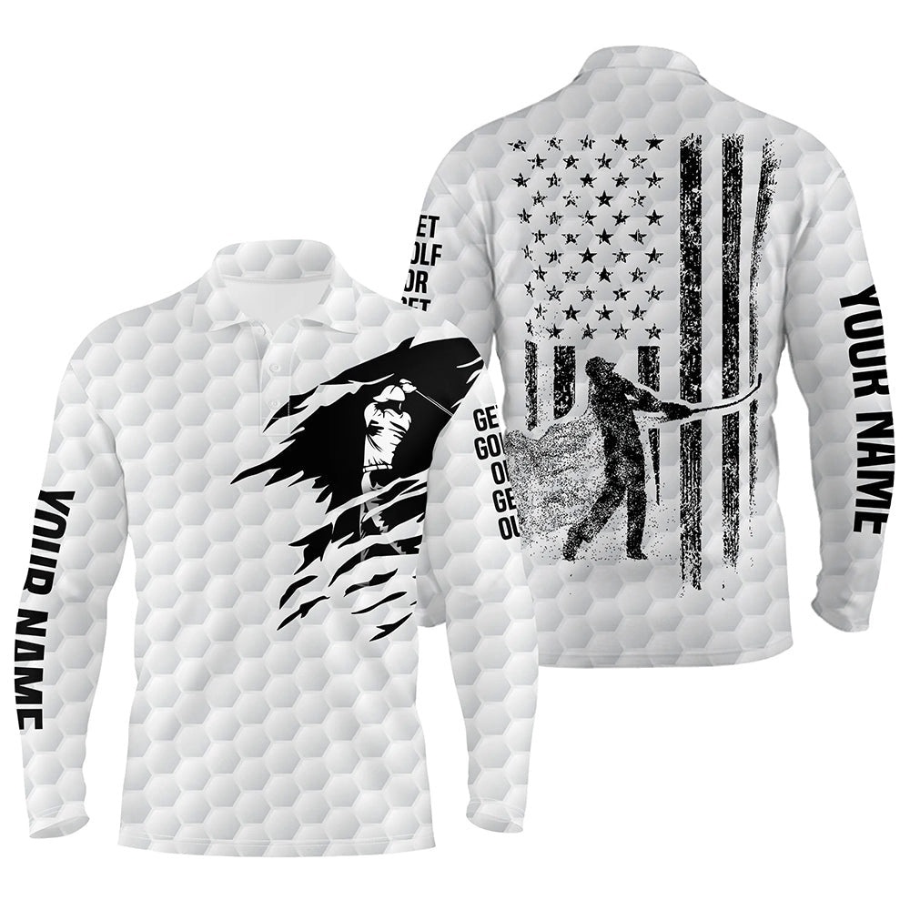 White Golf Polo Shirt Men’s Custom Black American Flag Patriot Get Golf Or Get Out Funny Men Golf Wears, Golf Polo Shirt, Golf Shirts