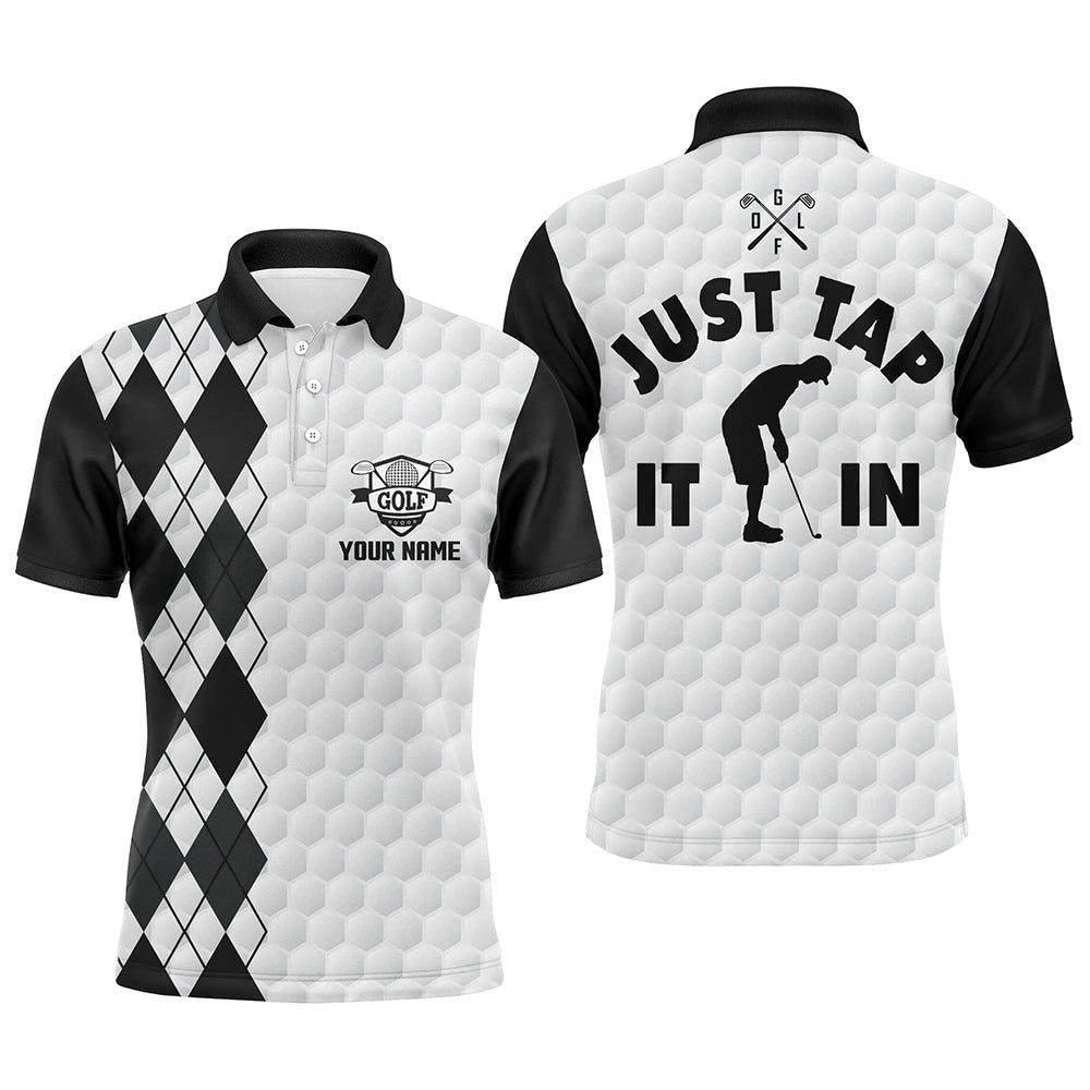 White Golf Shirt Men’s Custom Name Just Tap It In Black Argyle Pattern Team Men’s Polo Golf Shirts, Golf Polo Shirt, Golf Shirts