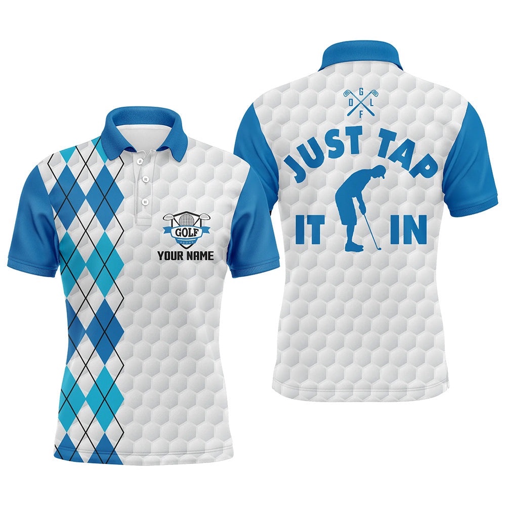 White Golf Shirt Men’s Custom Name Just Tap It In Blue Argyle Pattern Team Men’s Polo Golf Shirts, Golf Polo Shirt, Golf Shirts