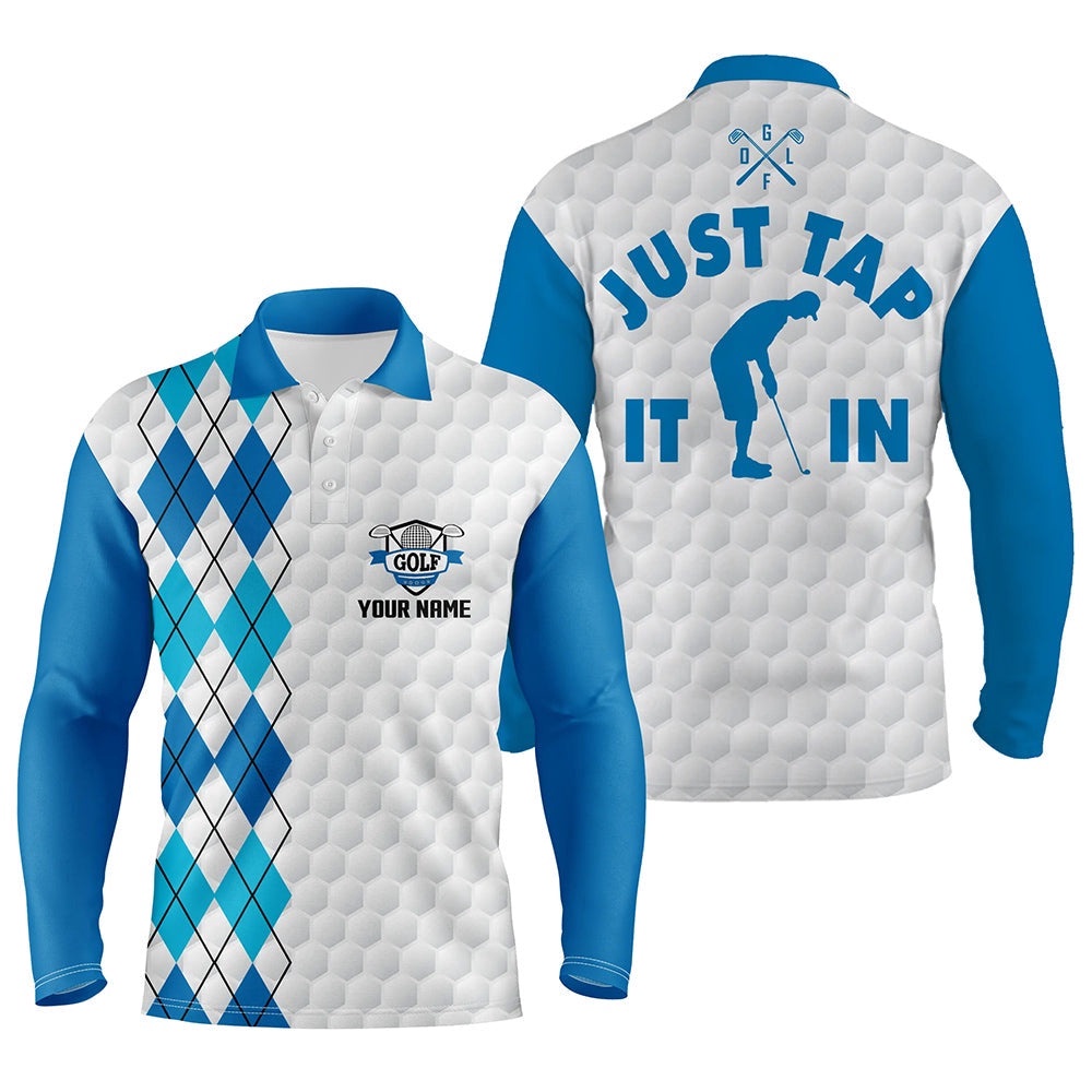 White Golf Shirt Men’s Custom Name Just Tap It In Blue Argyle Pattern Team Men’s Polo Golf Shirts, Golf Polo Shirt, Golf Shirts