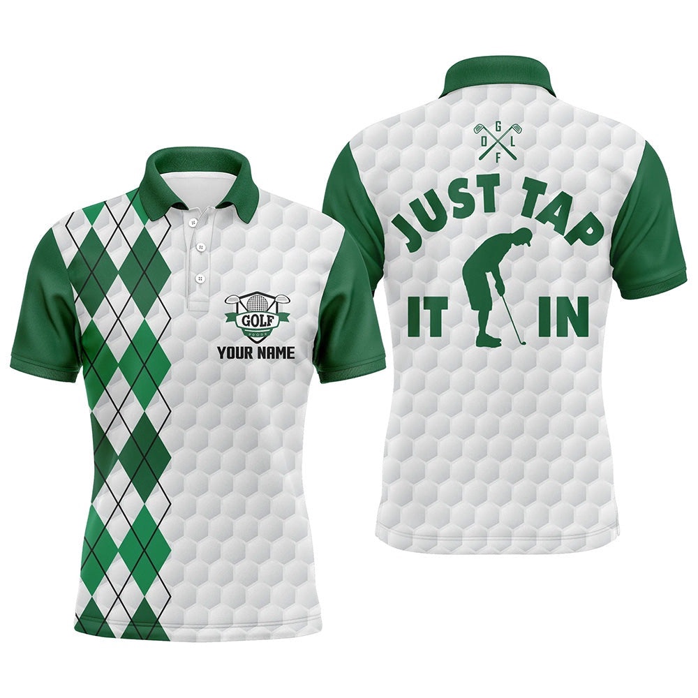 White Golf Shirt Men’s Custom Name Just Tap It In Green Argyle Pattern Team Men’s Polo Golf Shirts, Golf Polo Shirt, Golf Shirts