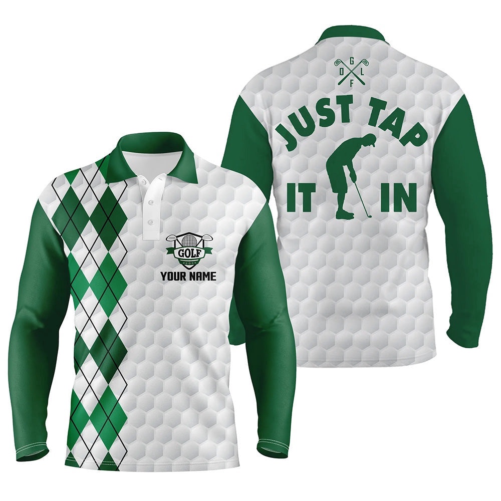White Golf Shirt Men’s Custom Name Just Tap It In Green Argyle Pattern Team Men’s Polo Golf Shirts, Golf Polo Shirt, Golf Shirts