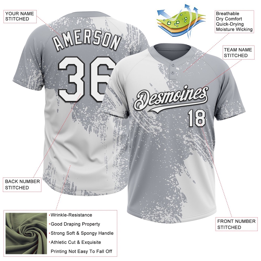 White Gray Black 3D Pattern Abstract Brush Stroke Two Button Unisex Softball Jersey, Custom Team Softball Jersey