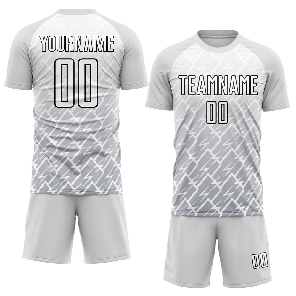White Gray Black Lightning Sublimation Soccer Uniform Jersey, Custom Team Soccer Jersey Shirt