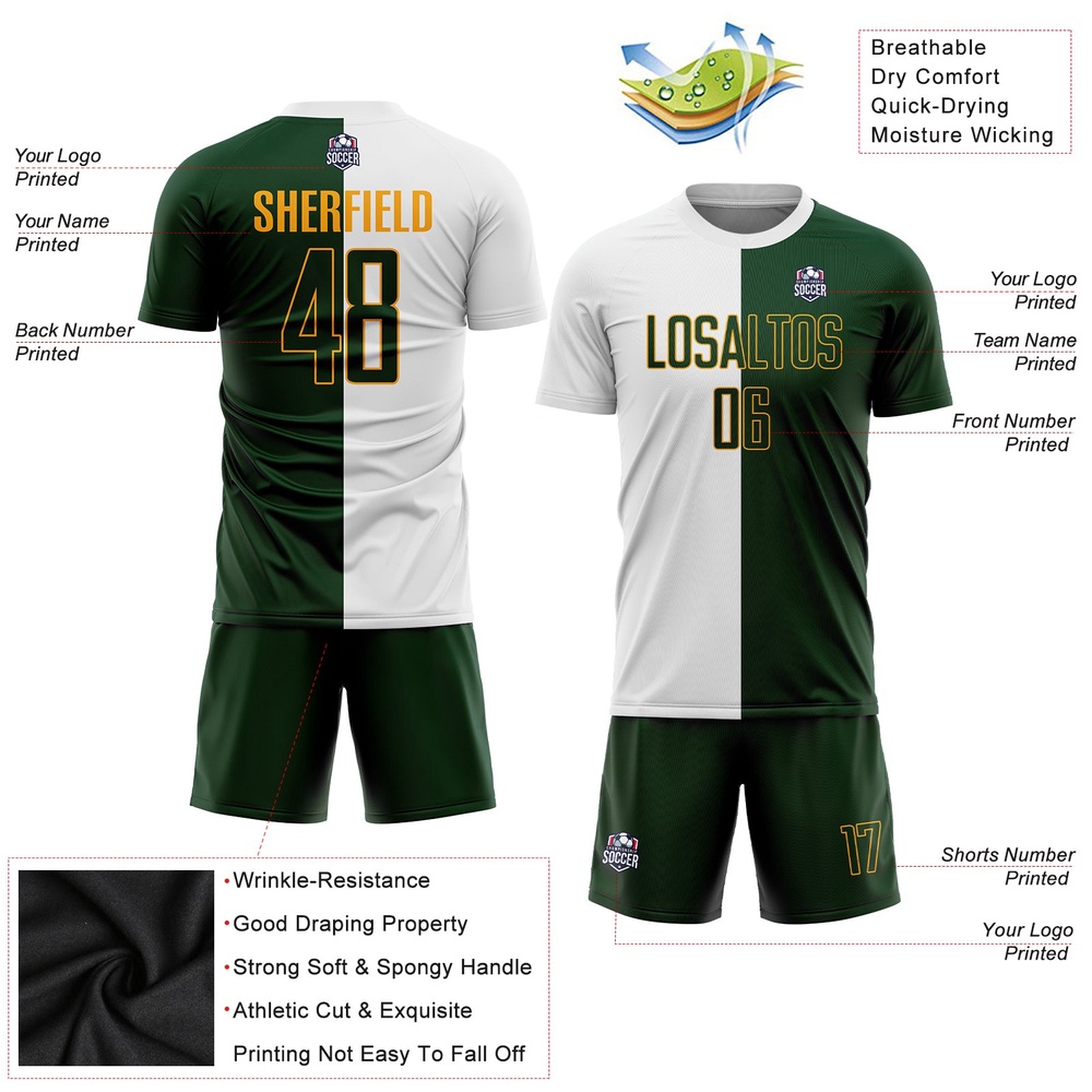 White Green Gold Sublimation Split Fashion Soccer Uniform Jersey, Custom Team Soccer Jersey Shirt