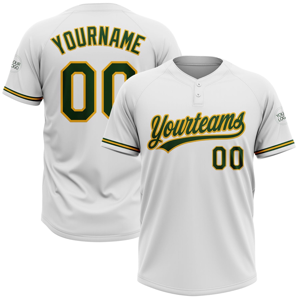 White Green Gold Two Button Unisex Softball Jersey, Custom Team Softball Jersey