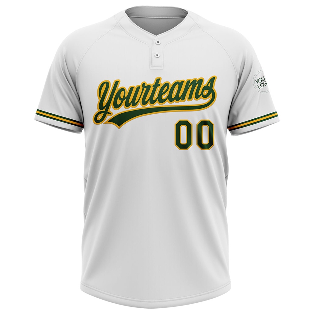 White Green Gold Two Button Unisex Softball Jersey, Custom Team Softball Jersey