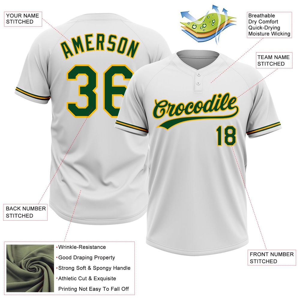 White Green Gold Two Button Unisex Softball Jersey, Custom Team Softball Jersey
