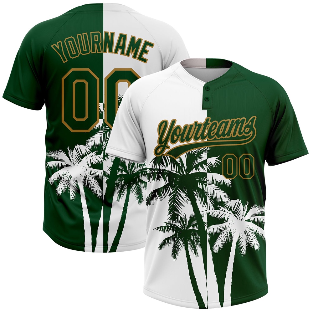 White Green Old Gold 3D Pattern Hawaii Coconut Trees Two Button Unisex Softball Jersey, Custom Team Softball Jersey