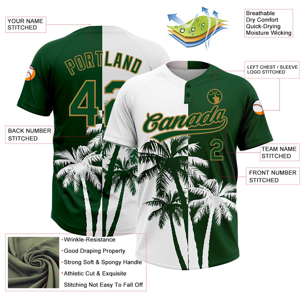 White Green Old Gold 3D Pattern Hawaii Coconut Trees Two Button Unisex Softball Jersey, Custom Team Softball Jersey