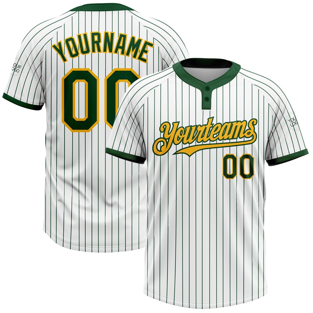 White Green Pinstripe Gold Two Button Unisex Softball Jersey, Custom Team Softball Jersey