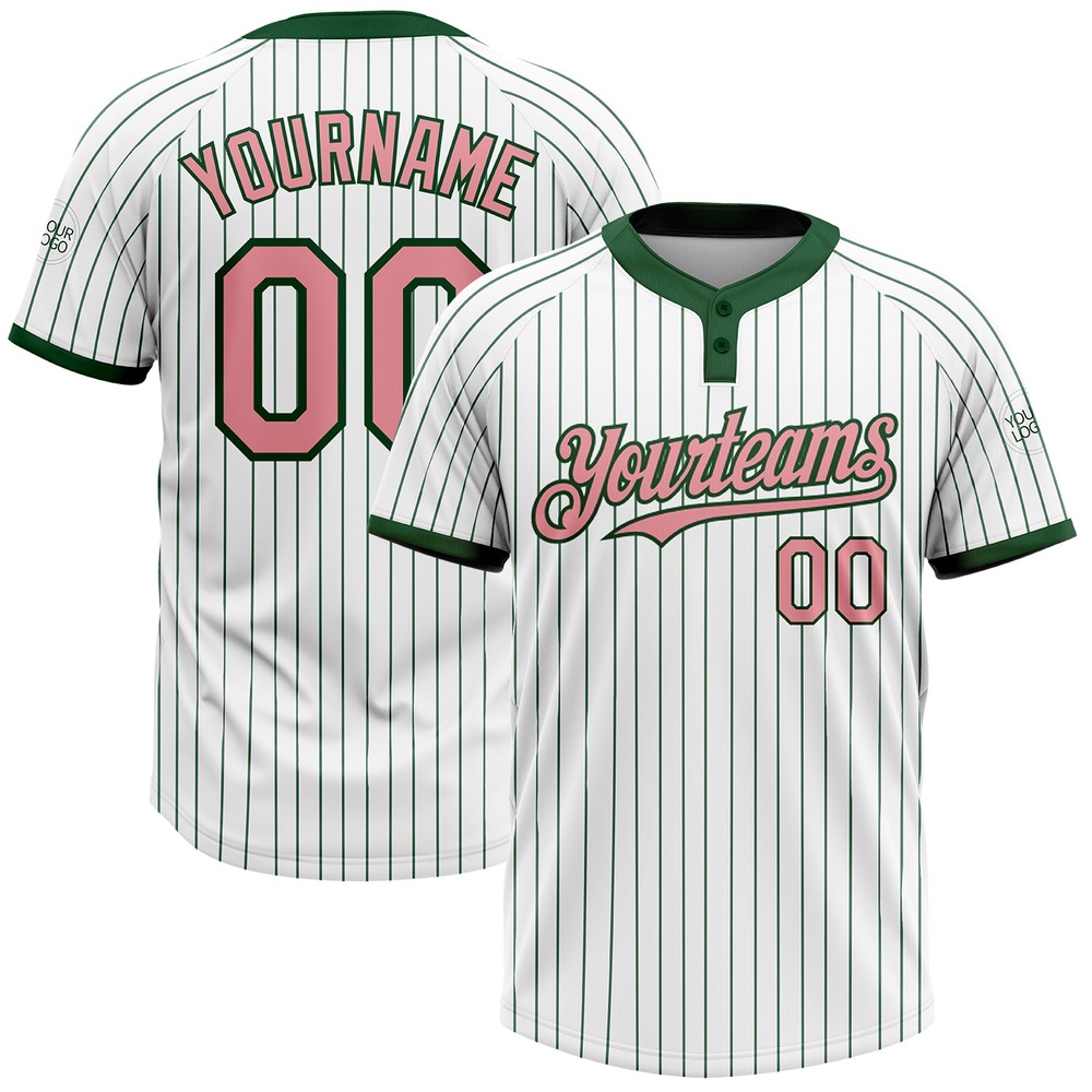 White Green Pinstripe Medium Pink Two Button Unisex Softball Jersey, Custom Team Softball Jersey