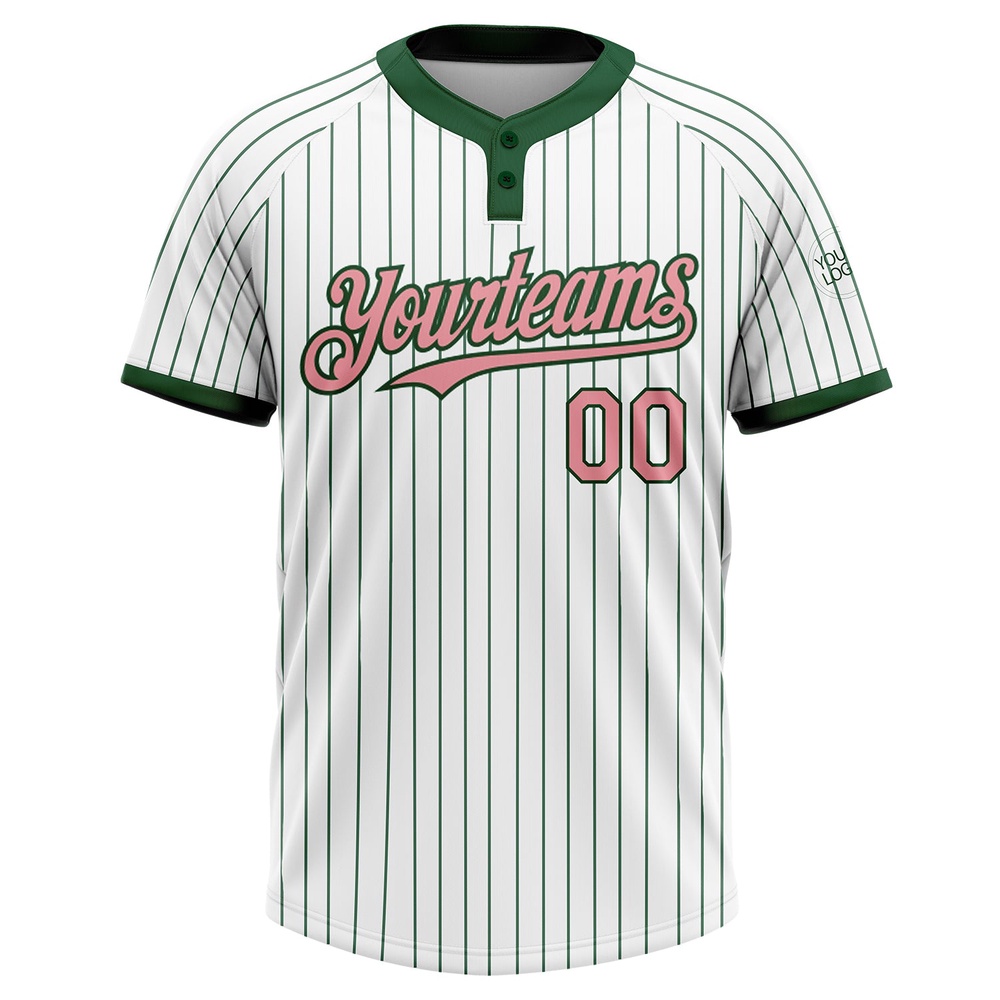 White Green Pinstripe Medium Pink Two Button Unisex Softball Jersey, Custom Team Softball Jersey