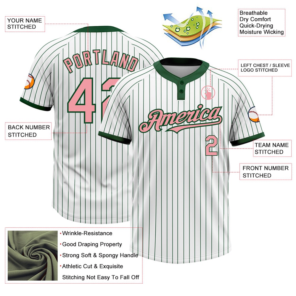 White Green Pinstripe Medium Pink Two Button Unisex Softball Jersey, Custom Team Softball Jersey