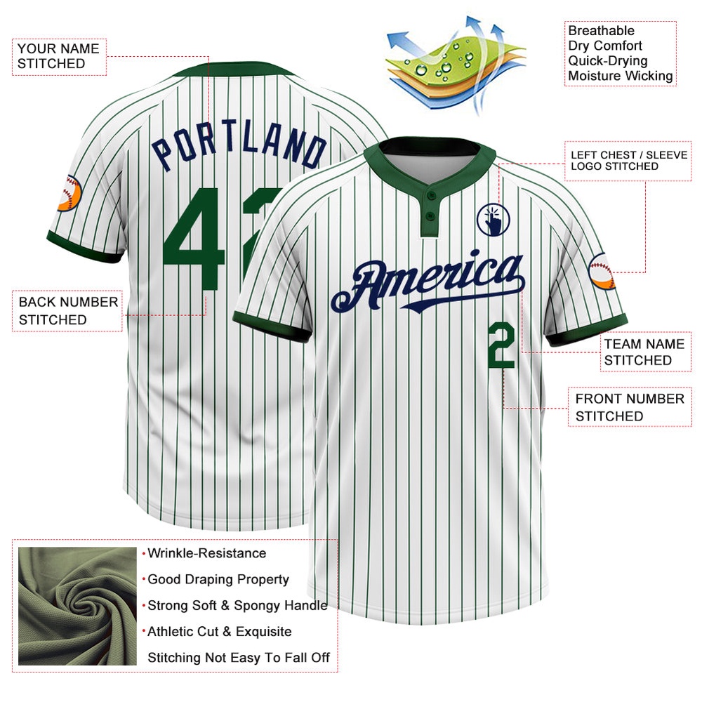 White Green Pinstripe Navy Two Button Unisex Softball Jersey, Custom Team Softball Jersey