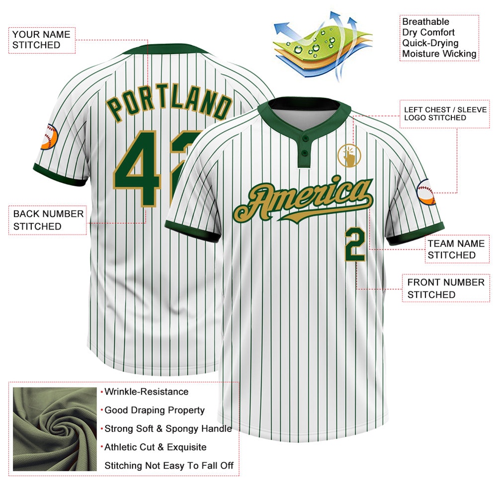 White Green Pinstripe Old Gold Two Button Unisex Softball Jersey, Custom Team Softball Jersey