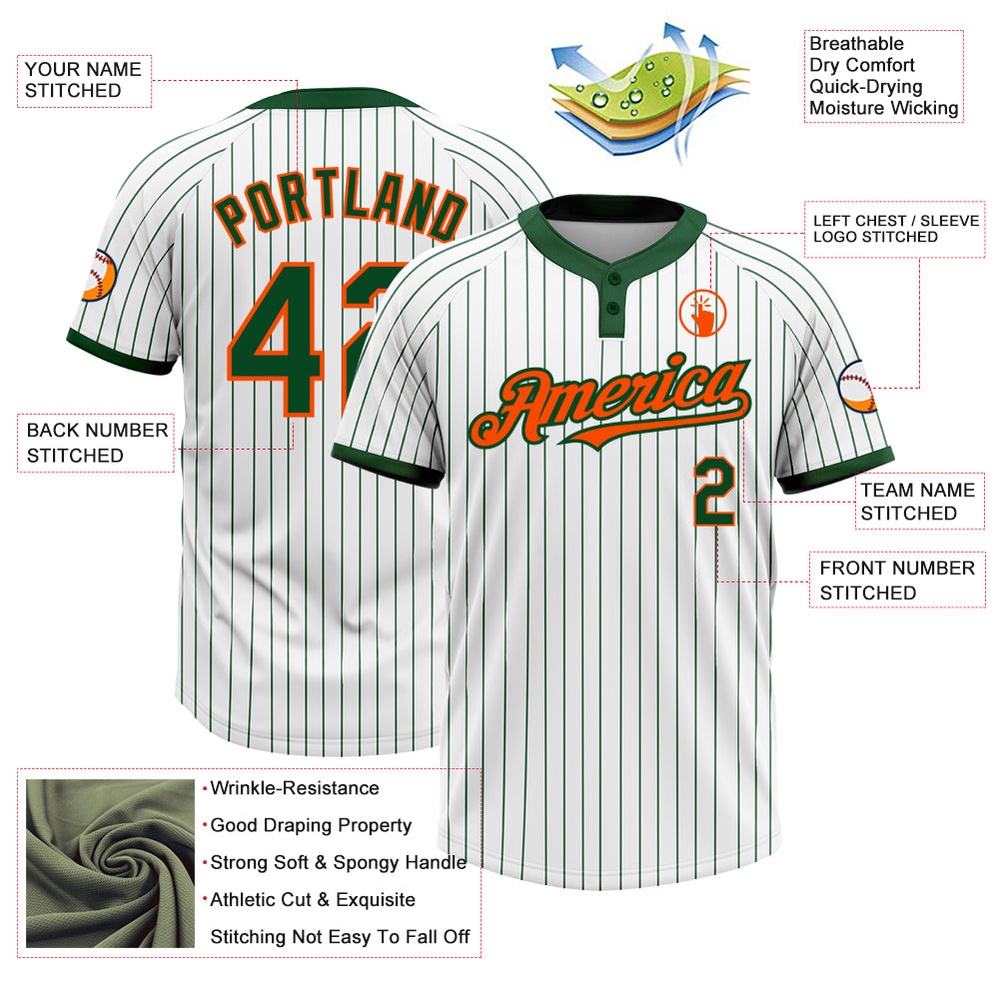 White Green Pinstripe Orange Two Button Unisex Softball Jersey, Custom Team Softball Jersey