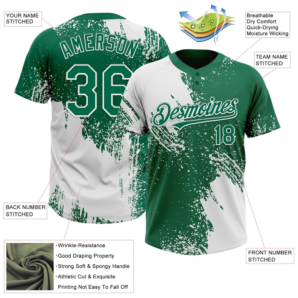 White Kelly Green 3D Pattern Abstract Brush Stroke Two Button Unisex Softball Jersey, Custom Team Softball Jersey
