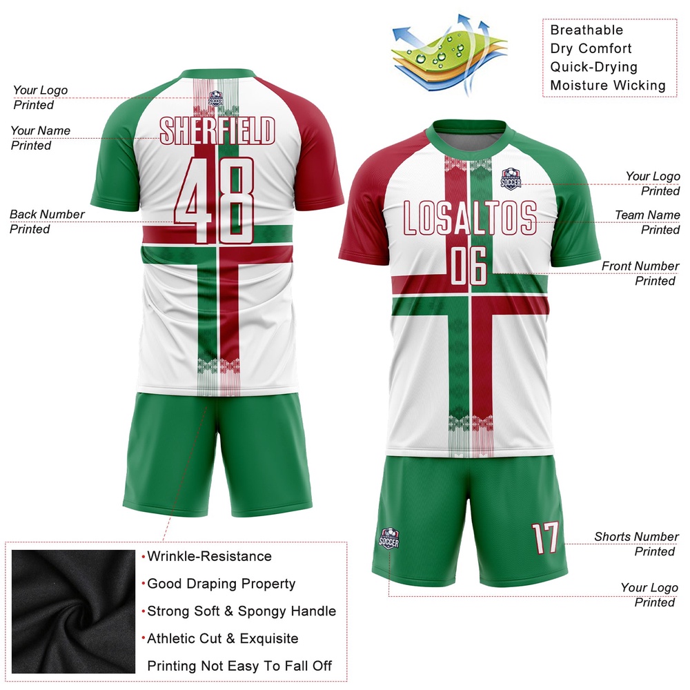 White Kelly Green Crimson Sublimation Mexico Soccer Uniform Jersey, Custom Team Soccer Jersey Shirt
