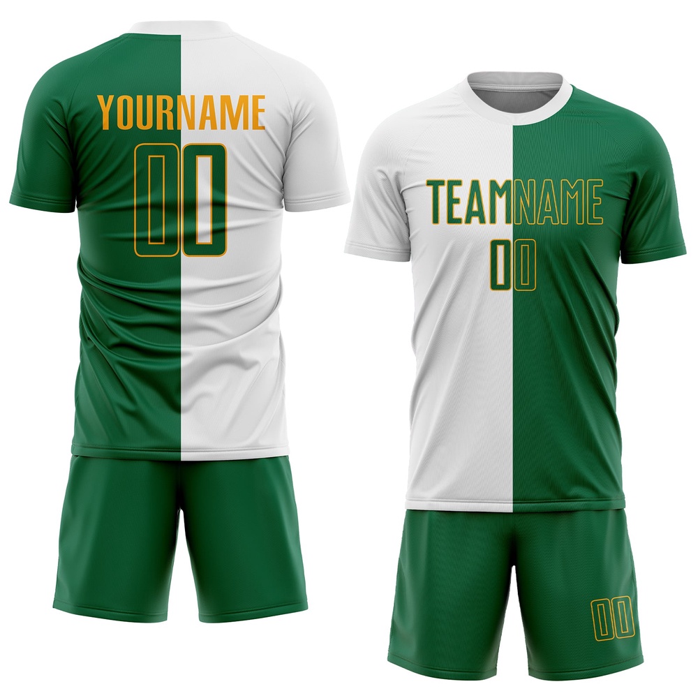 White Kelly Green Gold Sublimation Split Fashion Soccer Uniform Jersey, Custom Team Soccer Jersey Shirt