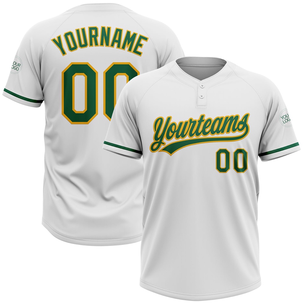 White Kelly Green Gold Two Button Unisex Softball Jersey, Custom Team Softball Jersey
