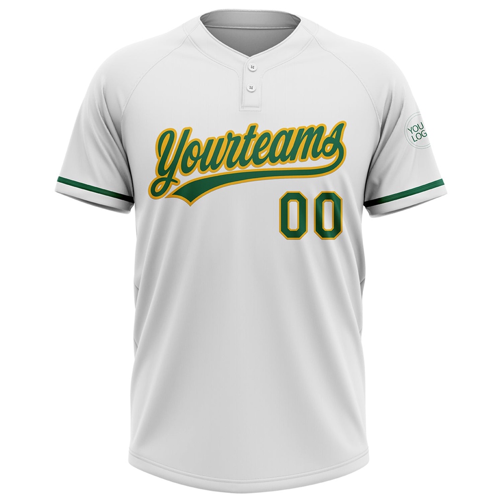 White Kelly Green Gold Two Button Unisex Softball Jersey, Custom Team Softball Jersey