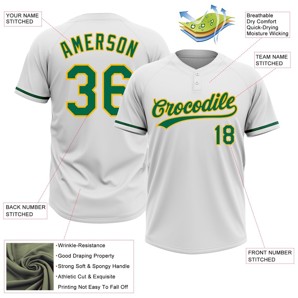 White Kelly Green Gold Two Button Unisex Softball Jersey, Custom Team Softball Jersey