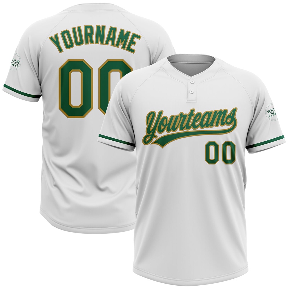 White Kelly Green Old Gold Two Button Unisex Softball Jersey, Custom Team Softball Jersey